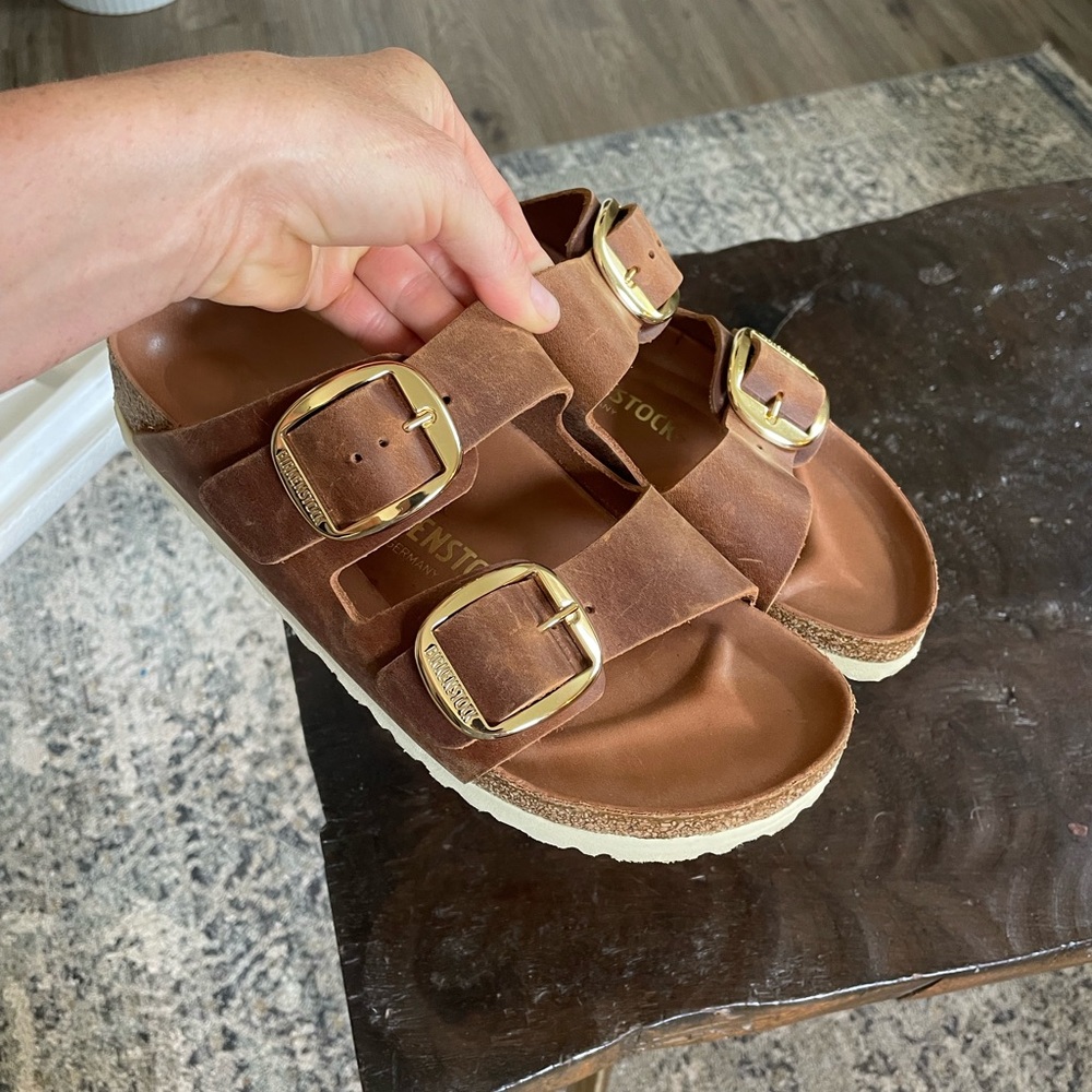 Birkenstock Tan Sandals with Gold Buckles